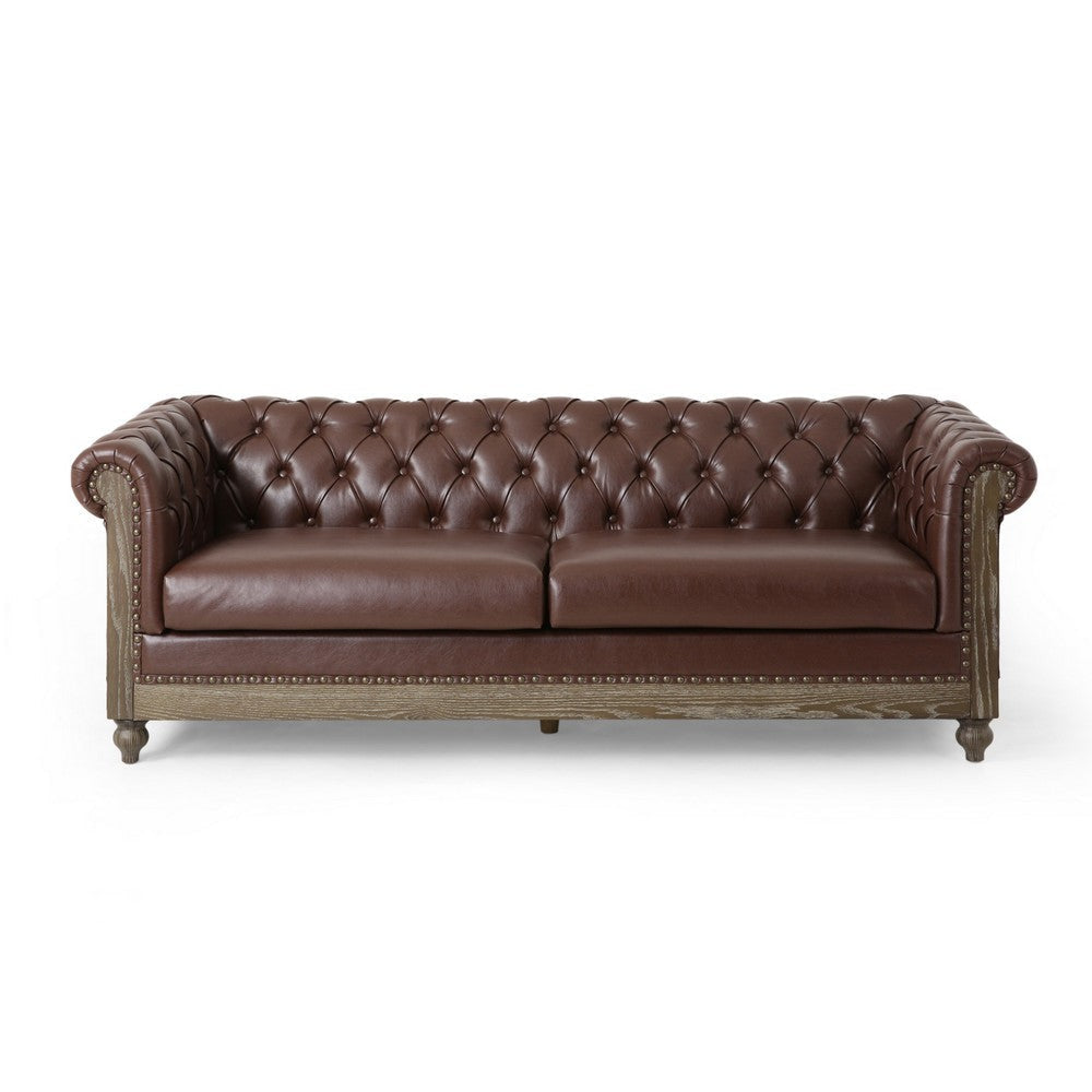 Ober Sofa Chesterfield Tufted Dark Brown Faux Leather 79 Inch Taupe Wood By Casagear Home BM321144