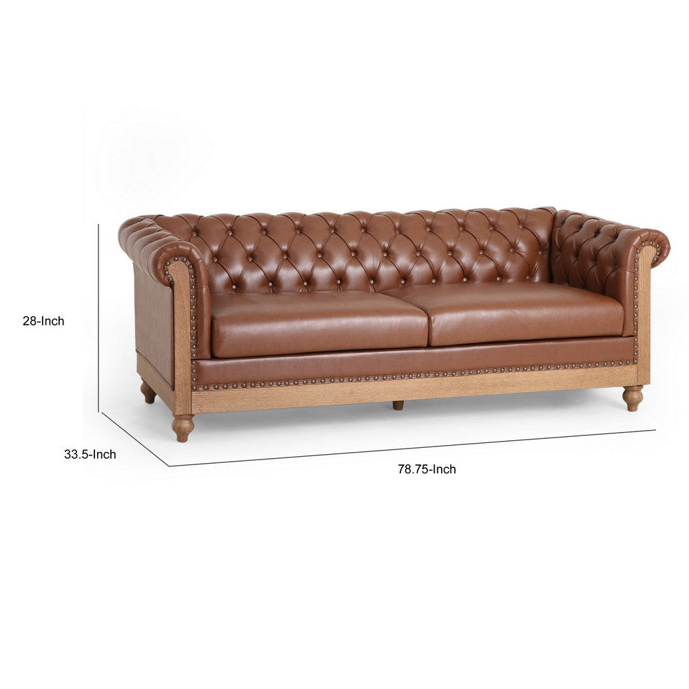 Ober Sofa Rivets and Chesterfield Tufted Light Brown Faux Leather 79 Inch By Casagear Home BM321145