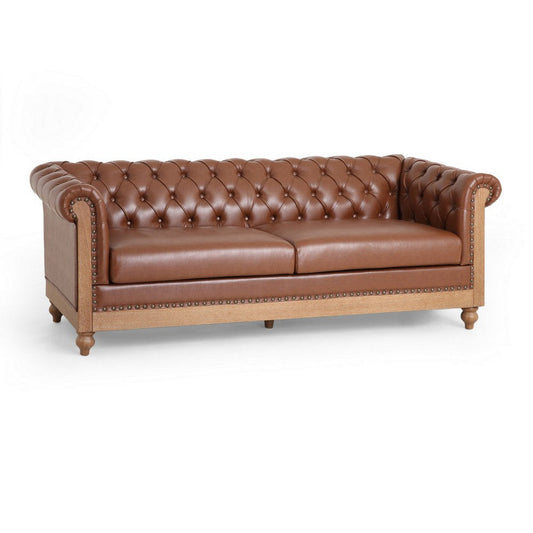 Ober Sofa, Rivets and Chesterfield Tufted Light Brown Faux Leather, 79 Inch By Casagear Home