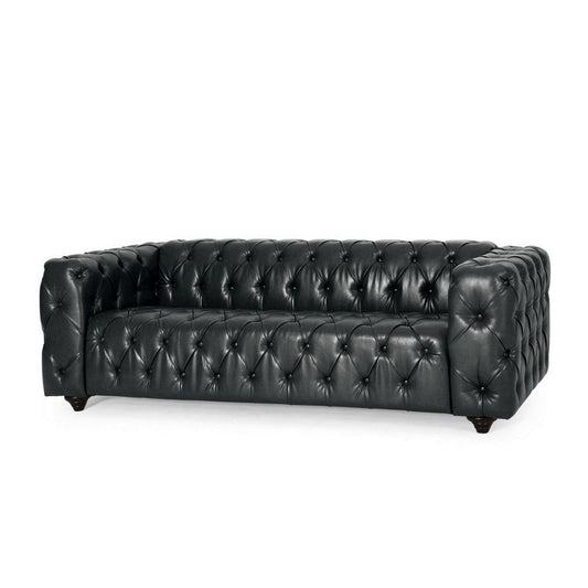 Arlo Sofa, Chesterfield Tufted Black Faux Leather Upholstery, Wood, 84 Inch By Casagear Home