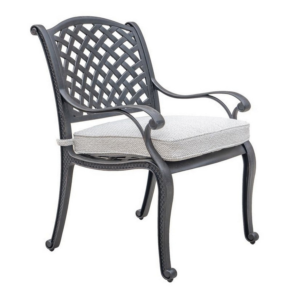 Zoe Outdoor Dining Chair, 27 Inch, Lattice Back, Black Aluminium, Taupe By Casagear Home