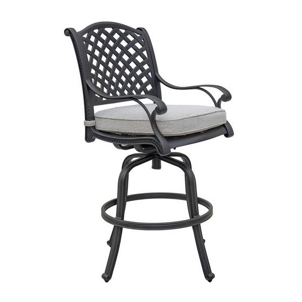 Zoe Outdoor Swivel Barstool Chair Set of 2, Lattice, Black Aluminium, Taupe By Casagear Home