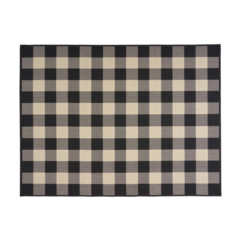 Ina Area Rug, Indoor Outdoor 8 x 10 Rectangular, Black Beige Gray Checkers By Casagear Home