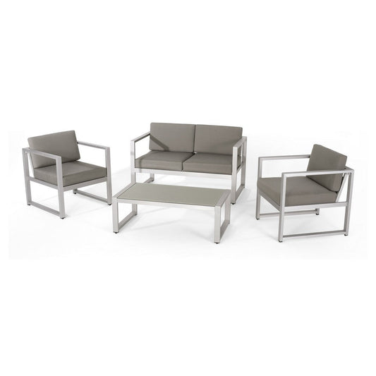 Novi 4pc Outdoor Set, 1 Table 1 Loveseat 2 Chairs, Gray Fabric, Cushions By Casagear Home