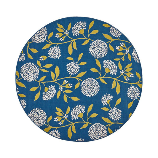 Ira Area Rug, Round 8 x 8, Blue Indoor Outdoor, White, Yellow Floral Design By Casagear Home