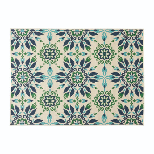 Dian Area Rug, 5 x 7 Ivory and Blue Indoor Outdoor, Medallion Pattern By Casagear Home