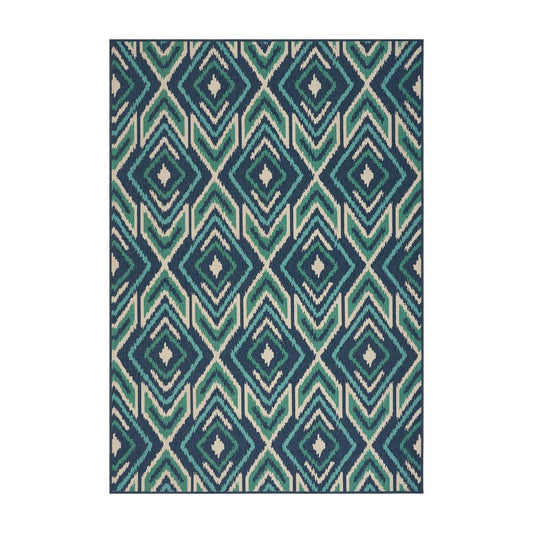 Dian 5 x 8 Area Rug, Navy Blue Indoor Outdoor, Ikat and Checkered Design By Casagear Home