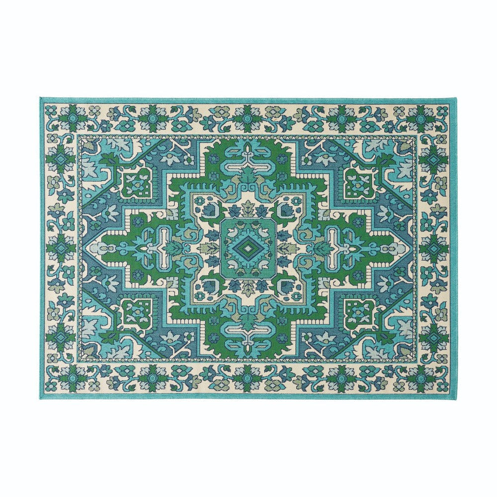 Dian Area Rug, 5 x 7, Ivory and Blue Indoor Outdoor, Medallion Design By Casagear Home