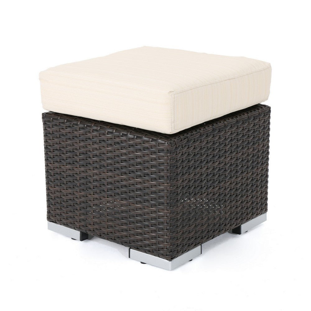 Sanie Ottoman Beige Waterproof Seat Brown Outdoor Rattan Wicker 16 Inch By Casagear Home BM321247