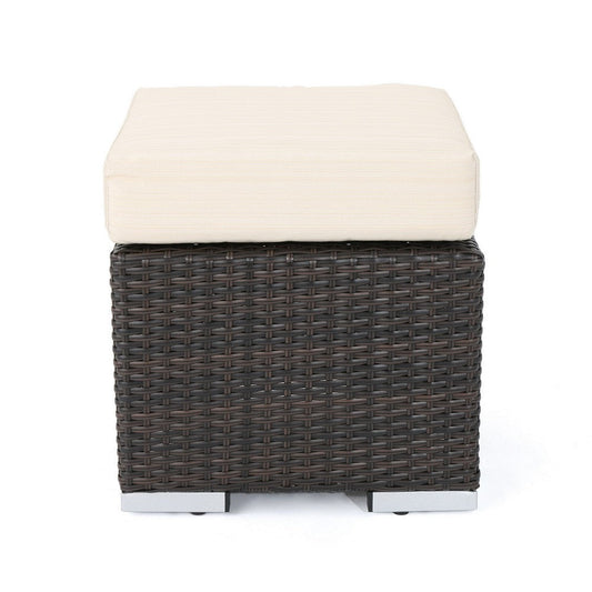 Sanie Ottoman, Beige Waterproof Seat, Brown Outdoor Rattan Wicker, 16 Inch By Casagear Home