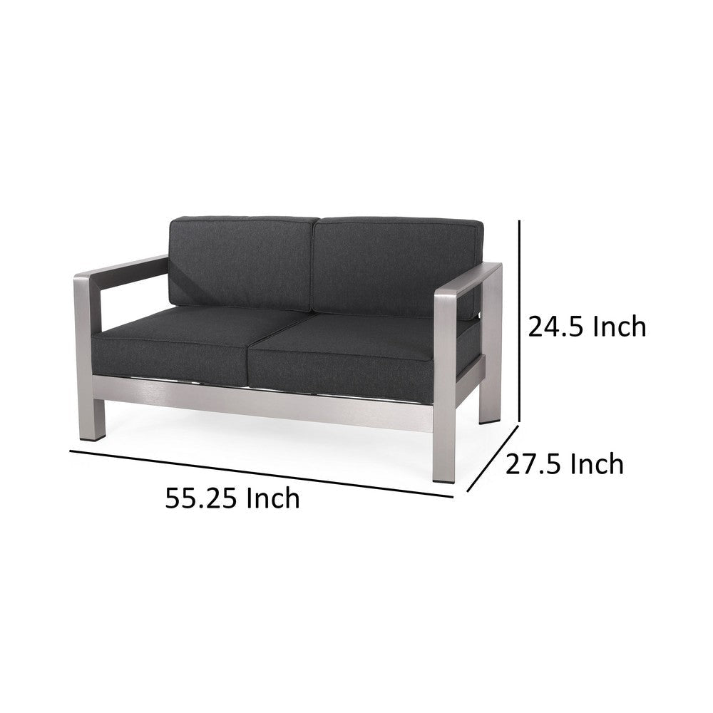 Kisa Loveseat Black Soft Cushions Outdoor Silver Aluminium 55 Inch By Casagear Home BM321255