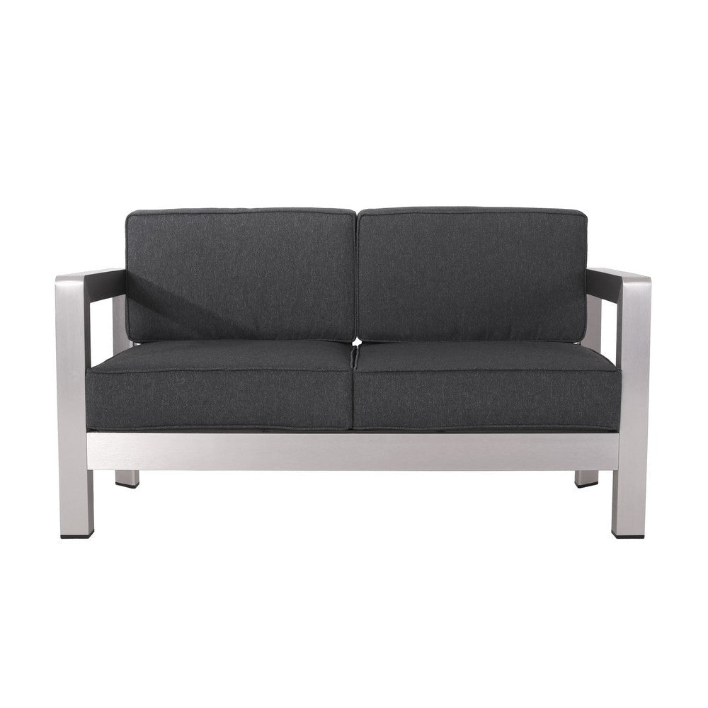 Kisa Loveseat, Black, Soft Cushions, Outdoor Silver Aluminium, 55 Inch By Casagear Home