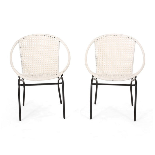 Linca Outdoor Side Chair, Set of 2, White Faux Rattan Seat, Black Iron By Casagear Home