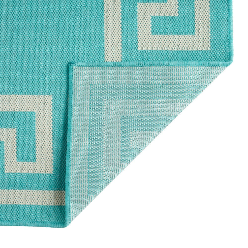 Kiya Area Rug 8 x 10 Ivory Greek Key Pattern Teal Blue Indoor Outdoor By Casagear Home BM321272