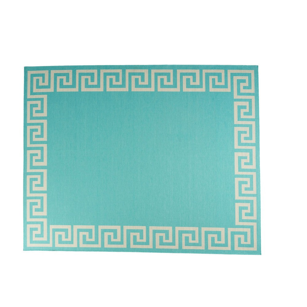 Kiya Area Rug, 8 x 10, Ivory Greek Key Pattern, Teal Blue Indoor Outdoor By Casagear Home