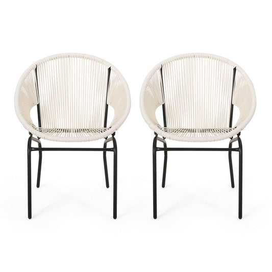 Sanu Outdoor Accent Chair Set of 2, White PE Rattan, Black Iron, Round Back By Casagear Home