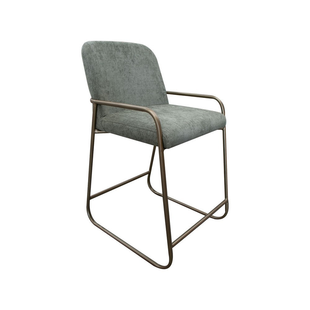 Suze Counter Height Chair, Arch Back, Gold Iron, Olive Green Polyester  By Casagear Home