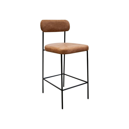 Iffa Barstool Chair, Open Back, Black Iron, Cognac Brown Faux Leather By Casagear Home