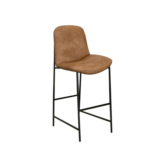 Revee Barstool Chair, Black Iron, Water-Resistant Cognac Brown Faux Leather By Casagear Home