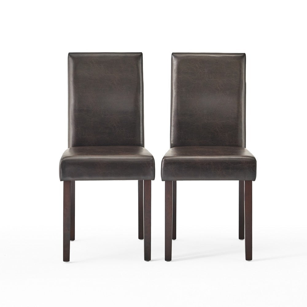 Side Dining Chair Set of 2, Cushioned Seat, Espresso Wood, Brown Leather By Casagear Home