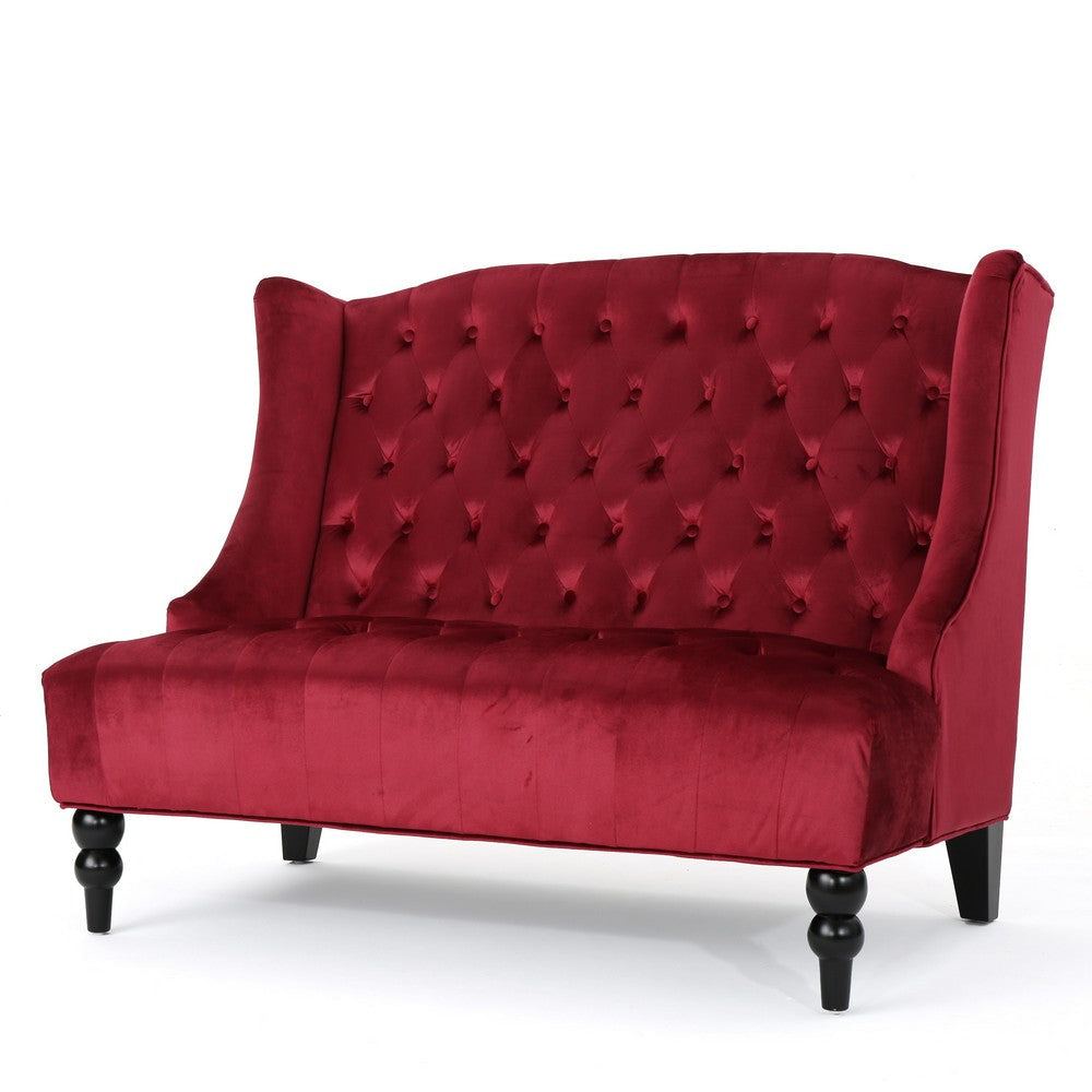 Lanny Loveseat Settee Wingback Bench Bench 50 Inch Tufted Wine Red Velvet By Casagear Home