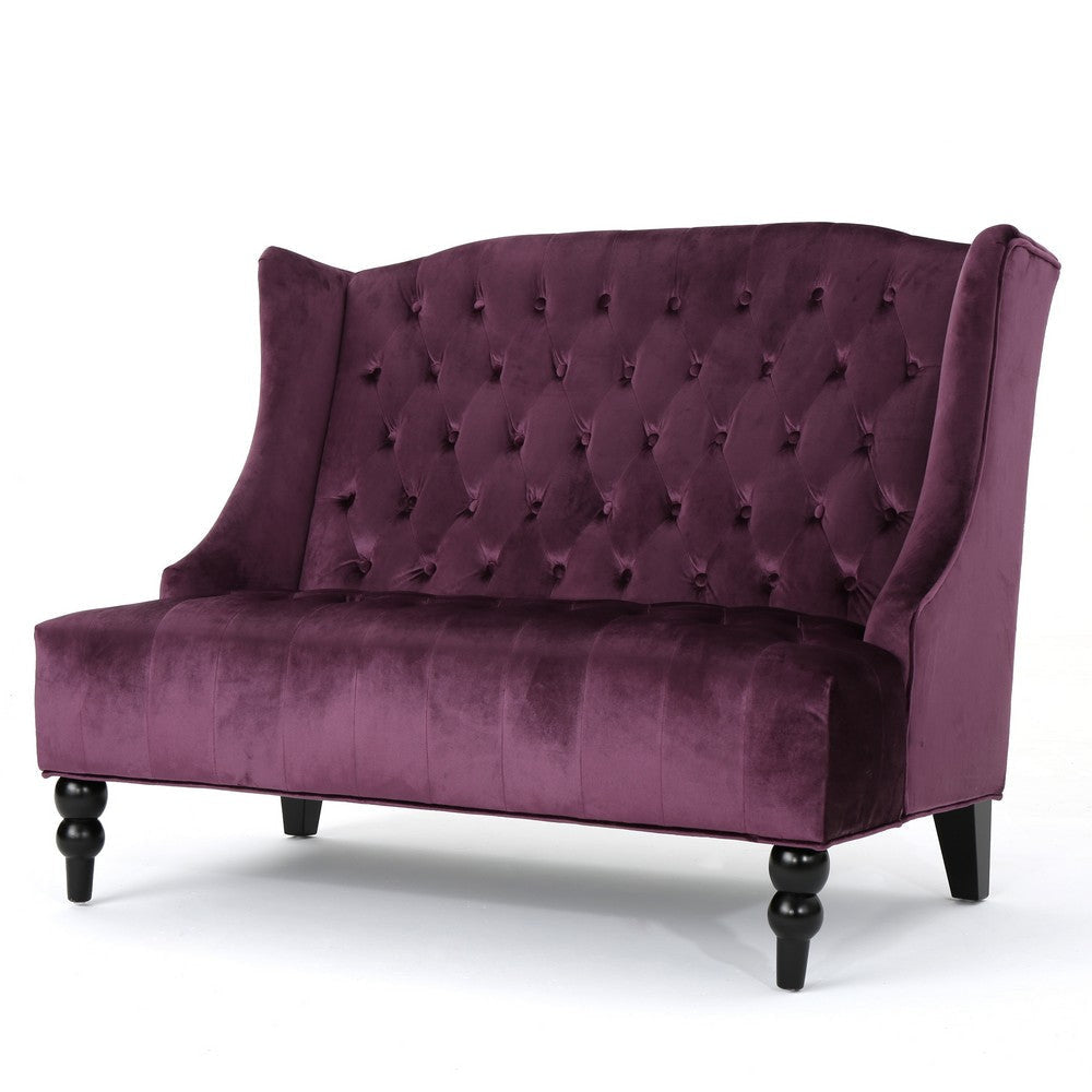 Lanny Loveseat Settee, Wingback Bench 50 Inch Wood, Tufted Purple Velvet By Casagear Home