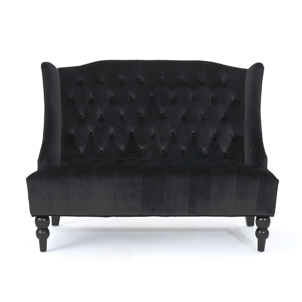 Lanny Loveseat Settee Wingback Bench 50 Inch Wood Tufted Black Velvet By Casagear Home BM321559