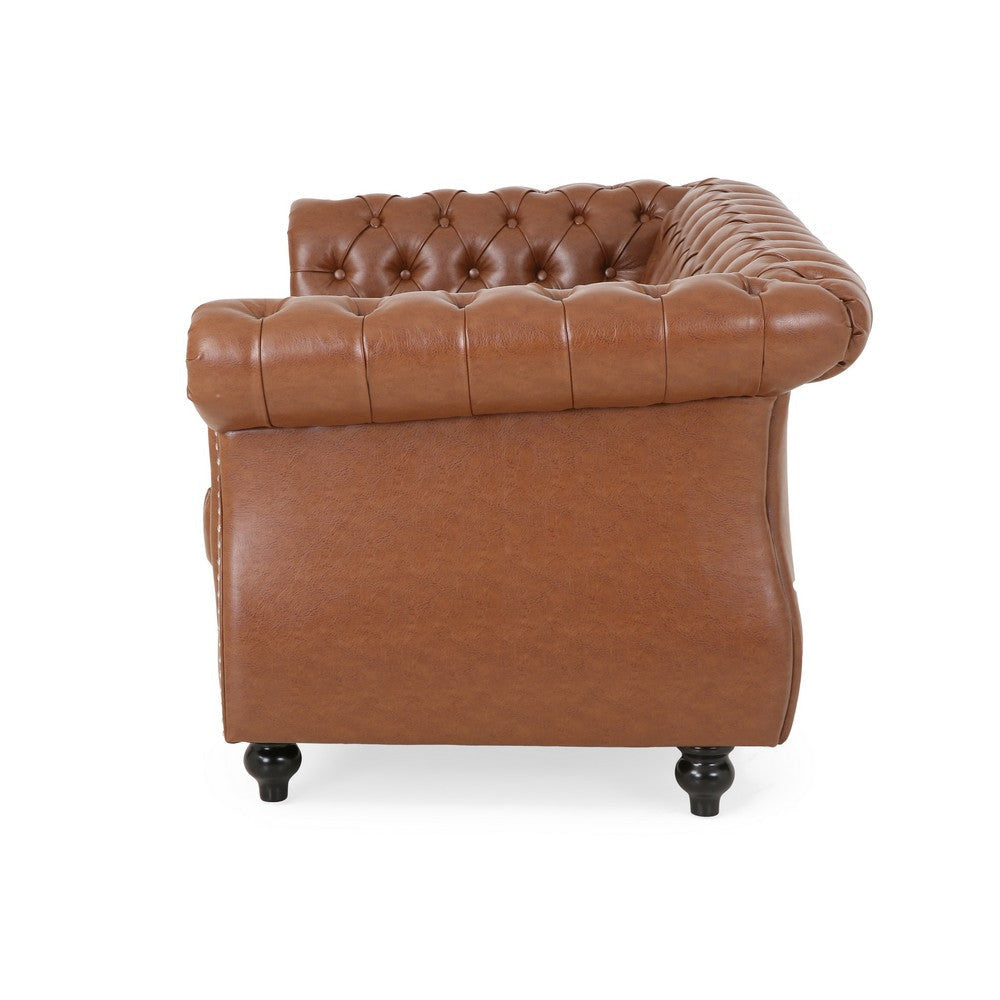 Bernie Loveseat 62 Inch Sofa Nailhead Trim Solid Wood Brown Faux Leather By Casagear Home BM321562