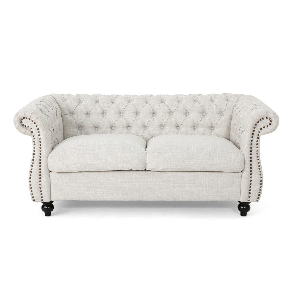 Bernie Loveseat 62 Inch Sofa Nailhead Trim Solid Wood Beige Tufted Fabric By Casagear Home BM321563