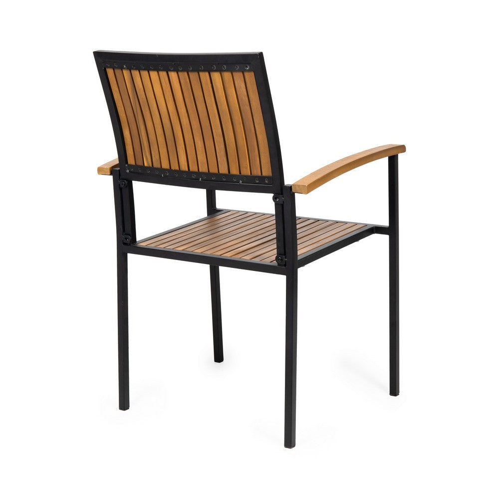 Side Dining Chair Set of 2 Outdoor Slatted Brown Acacia Wood Black Iron By Casagear Home BM321569