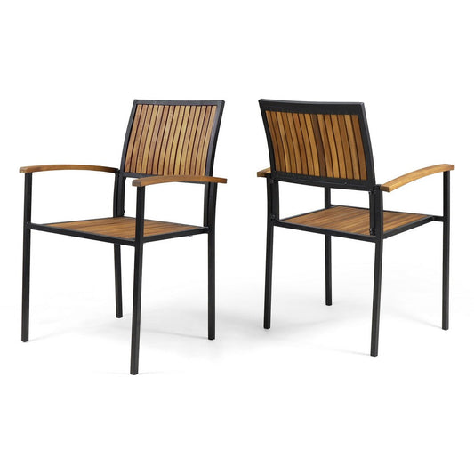 Side Dining Chair Set of 2, Outdoor Slatted Brown Acacia Wood, Black Iron By Casagear Home