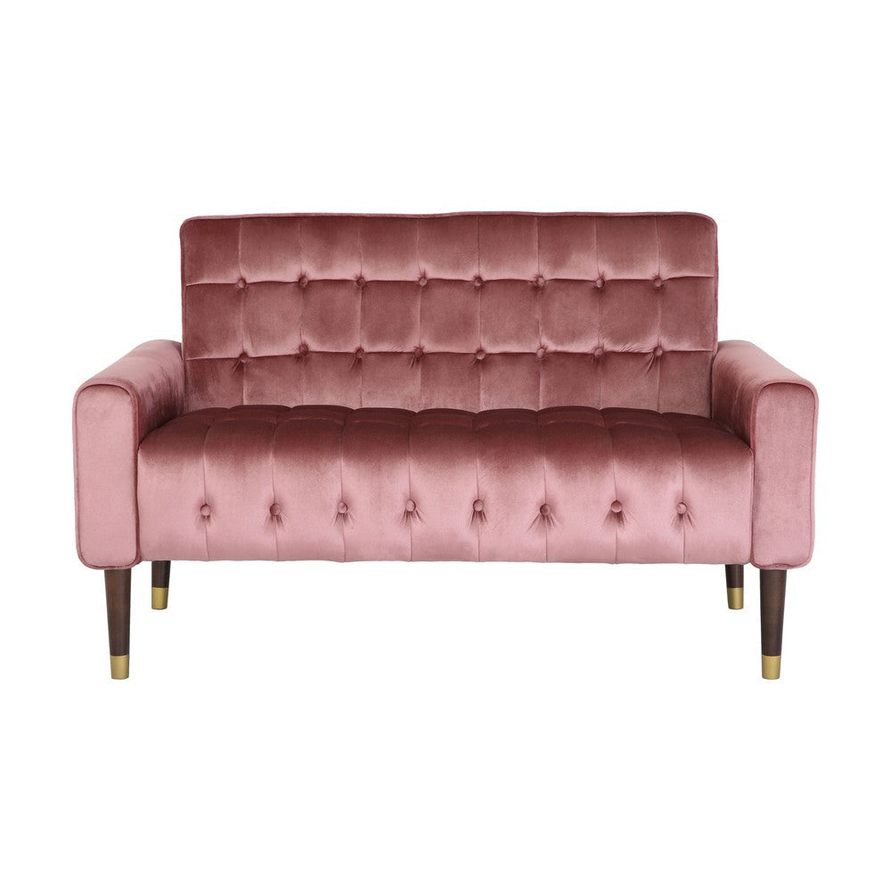 Loveseat Bench 52 Inch Wood Button Tufted Waffle Stitch Pink Velvet By Casagear Home BM321573