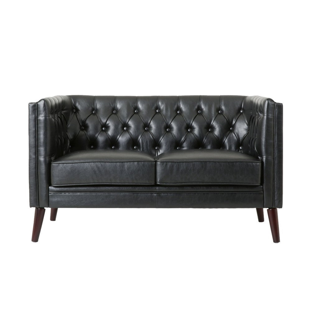 Janie Loveseat Bench 54 Inch Wood Tufted Diamond Black Faux Leather By Casagear Home BM321574