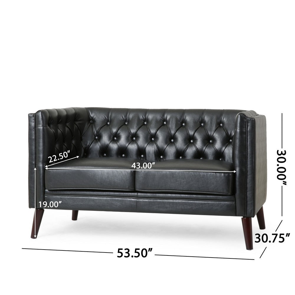 Janie Loveseat Bench 54 Inch Wood Tufted Diamond Black Faux Leather By Casagear Home BM321574