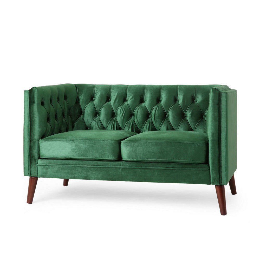 Janie Loveseat Bench, 54 Inch Birch, Button Tufted Diamond Green Velvet By Casagear Home