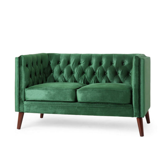 Janie Loveseat Bench, 54 Inch Birch, Button Tufted Diamond Green Velvet By Casagear Home