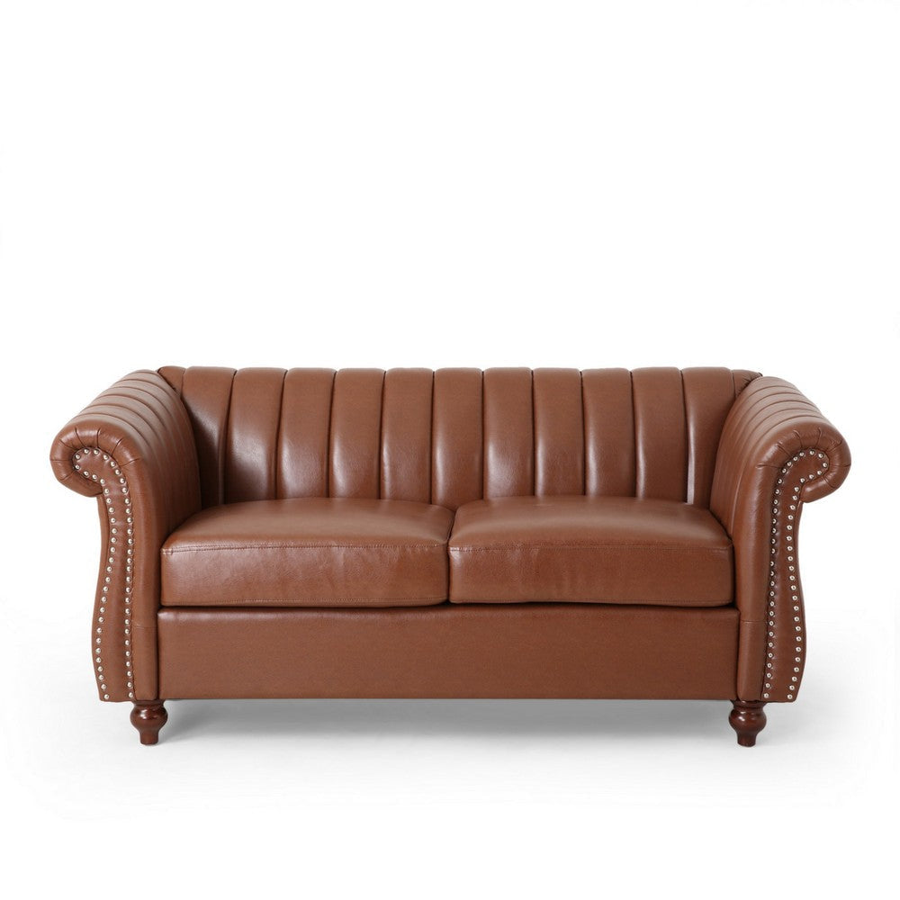 Faye 62 Inch Loveseat Sofa Channel Stitched Brown Faux Leather w Nailhead By Casagear Home BM321577