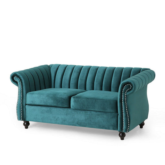 Faye 62 Inch Loveseat Sofa, Channel Stitched Teal Velvet w Nailhead Trim By Casagear Home