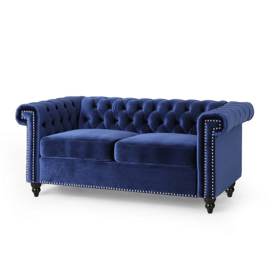 Misha 61 Inch Loveseat Sofa, Nailhead Trim, Channel Stitch Blue Velvet By Casagear Home