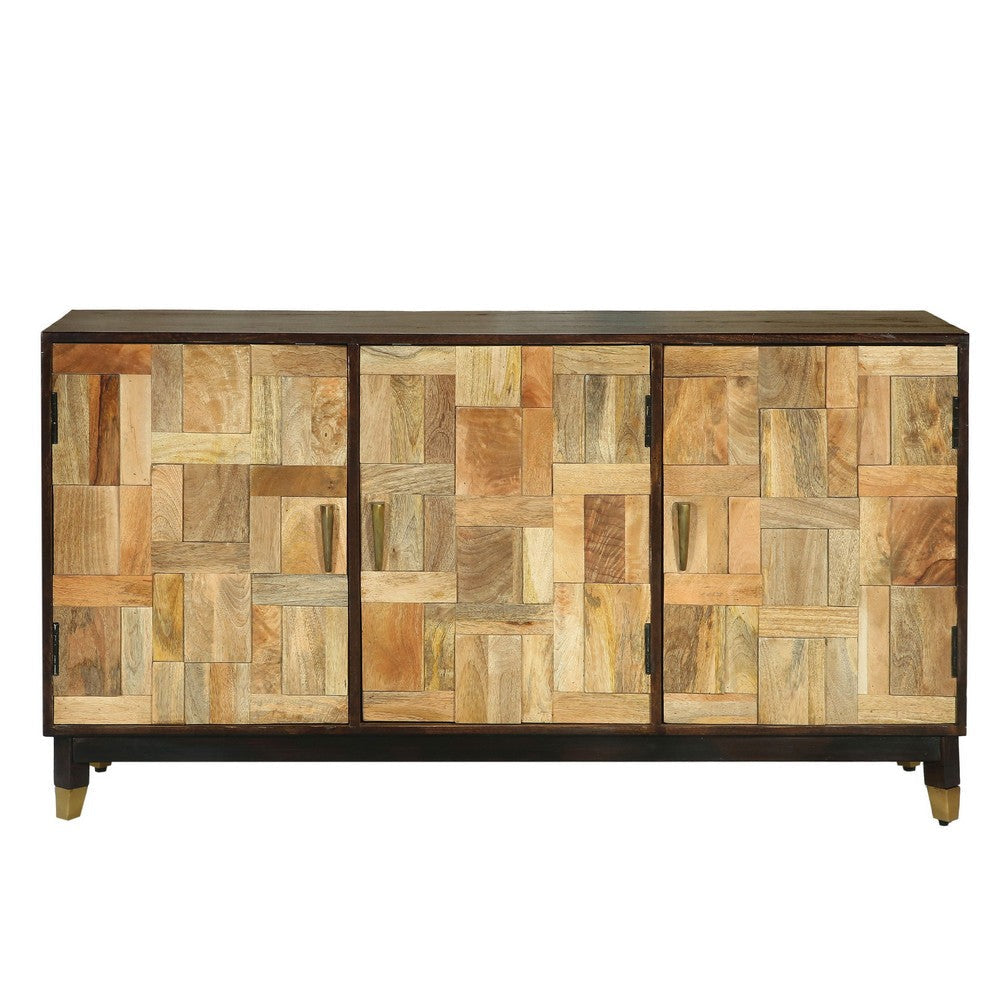 Sideboard Console 3 Doors 55 Inch Brass Taper Legs Walnut Mango Wood By Casagear Home BM321587