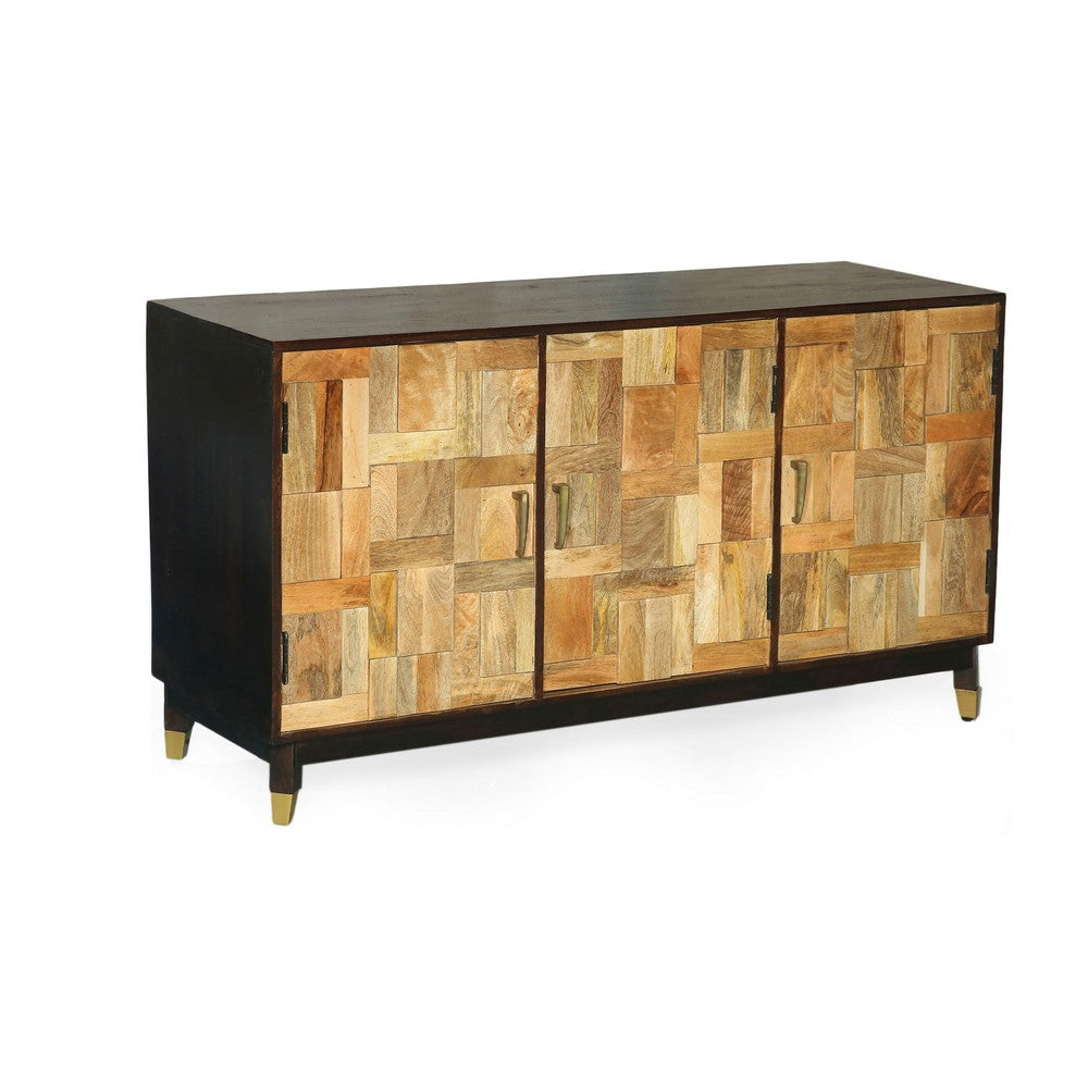 Sideboard Console, 3 Doors, 55 Inch Brass Taper Legs, Walnut Mango Wood By Casagear Home