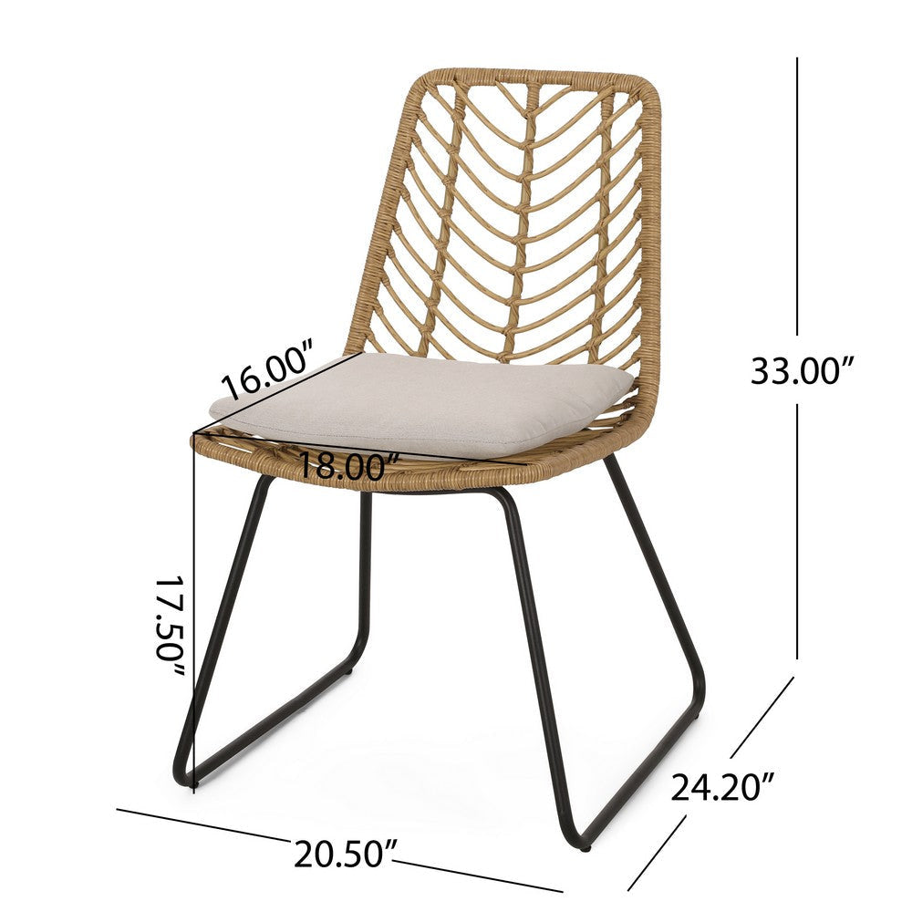 Side Dining Chair Set of 2 Black Metal White Fabric Brown Wicker Rattan By Casagear Home BM321594