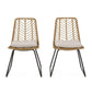 Side Dining Chair Set of 2, Black Metal, White Fabric, Brown Wicker Rattan By Casagear Home