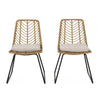 Side Dining Chair Set of 2, Black Metal, White Fabric, Brown Wicker Rattan By Casagear Home