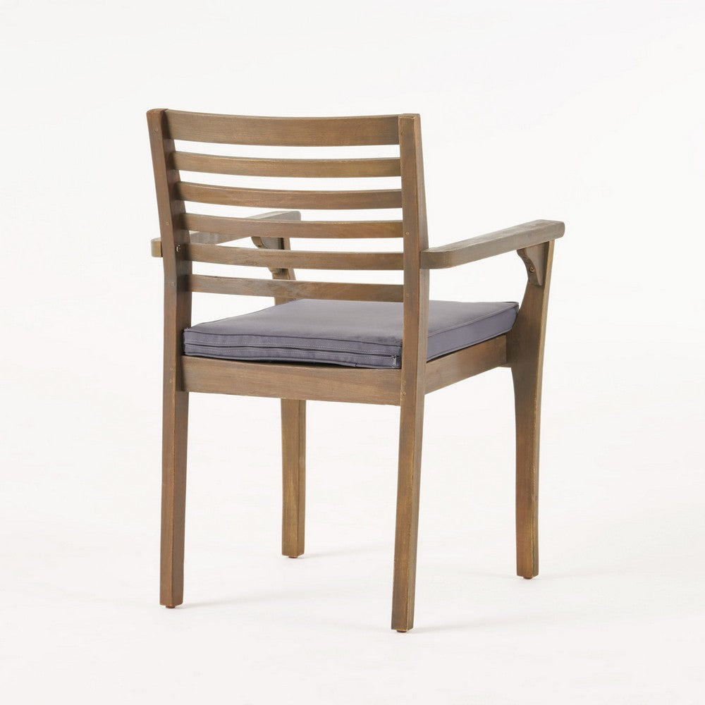 Dining Chair Slatted Back Modern Teak Brown Acacia Wood Gray Fabric By Casagear Home BM321595