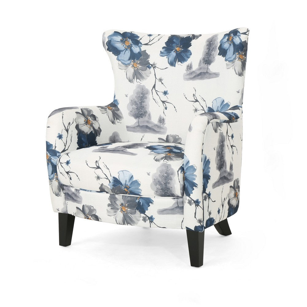 Riyank Wingback Armchair, White Blue Gray Floral Design, Black Wood Legs By Casagear Home