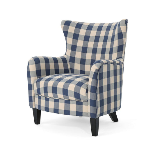 Riyank Accent Armchair, Classic Wingback Blue and White Checkered Print By Casagear Home