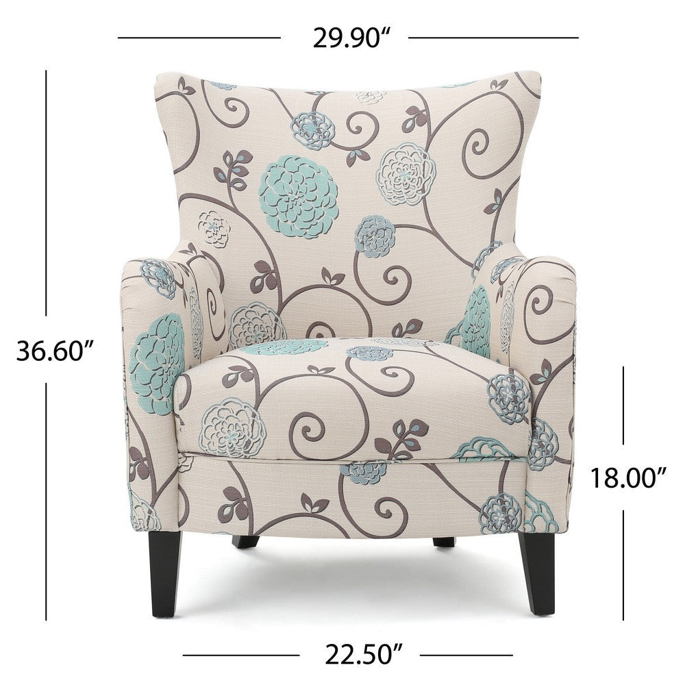 Riyank Accent Armchair White Teal and Gray Floral Wingback Black Wood By Casagear Home BM321608