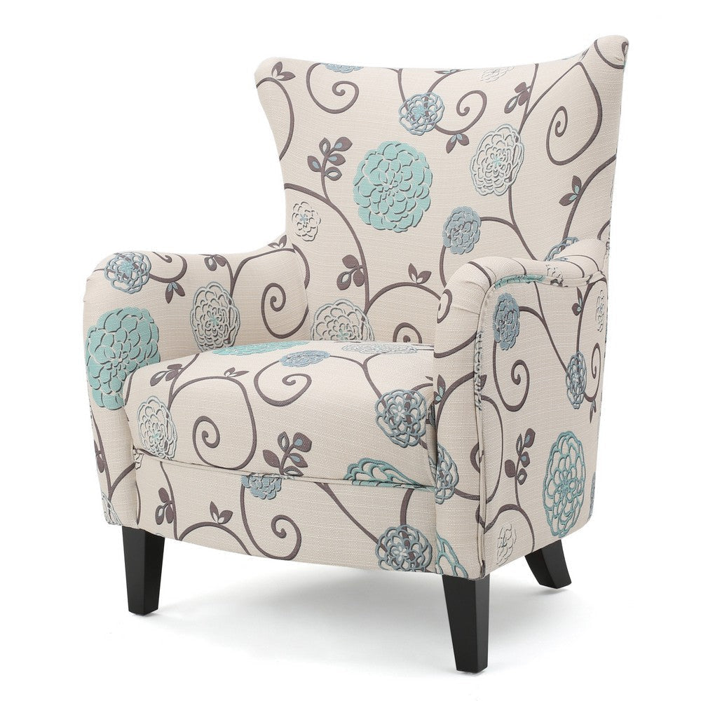 Riyank Accent Armchair, White Teal and Gray Floral, Wingback, Black Wood By Casagear Home