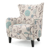 Riyank Accent Armchair, White Teal and Gray Floral, Wingback, Black Wood By Casagear Home